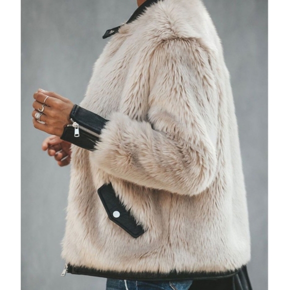 Noize Faux Fur With Faux Leather Trim Full Zip Up Jacket New Size M - Picture 3 of 8